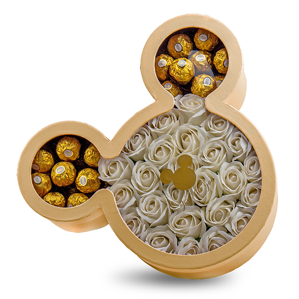 Zlatý Mickey box s bielymi ružami a bonbónmi ferrero rocher