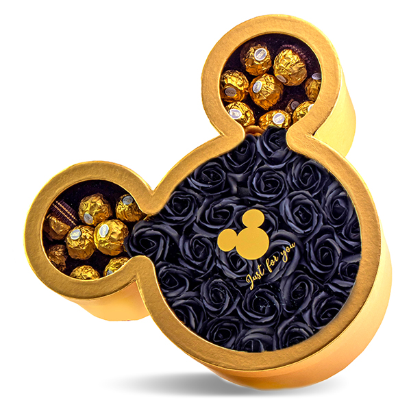 Zlatý Mickey box s čiernymi ružami a bonbónmi ferrero rocher
